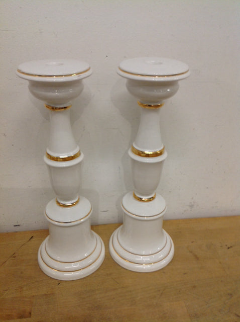 Candle Holders - 14" Pair Of Italy White & Gold Trim