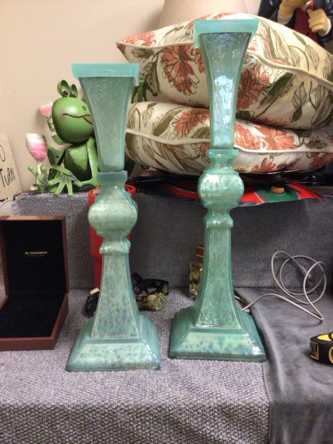 Pair Of Z Gallerie Aquamarine Glass Candle Holders