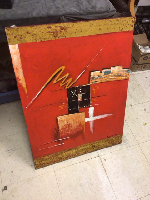 23" X 31" Red & Gold Abstract Oil Painting On Canvas