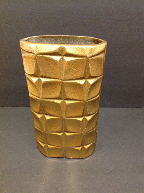 11" Gold Metal Vase w/Raised Square Design