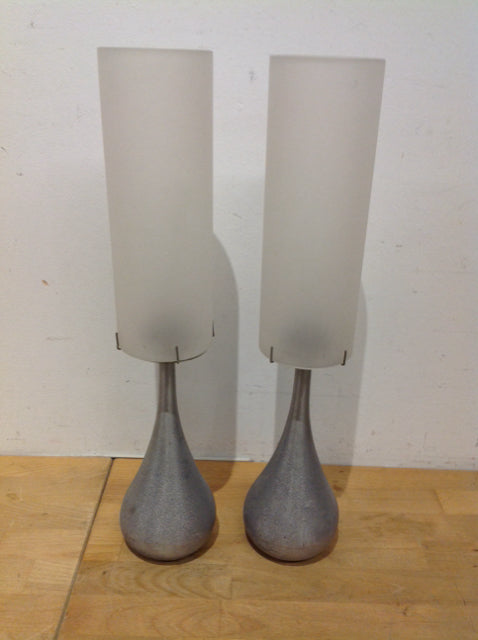 Candle Holders - 18" Pair Of Silver & Glass