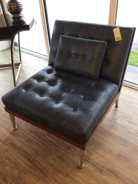 Marbello Design Mid-Century Custom Wood & Blue Lizard Leather Chair