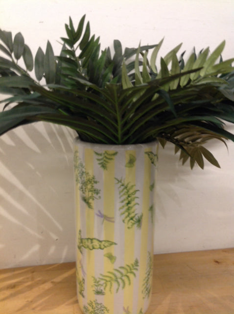 18" Yellow & Green Leaf Ceramic Vase W Palms