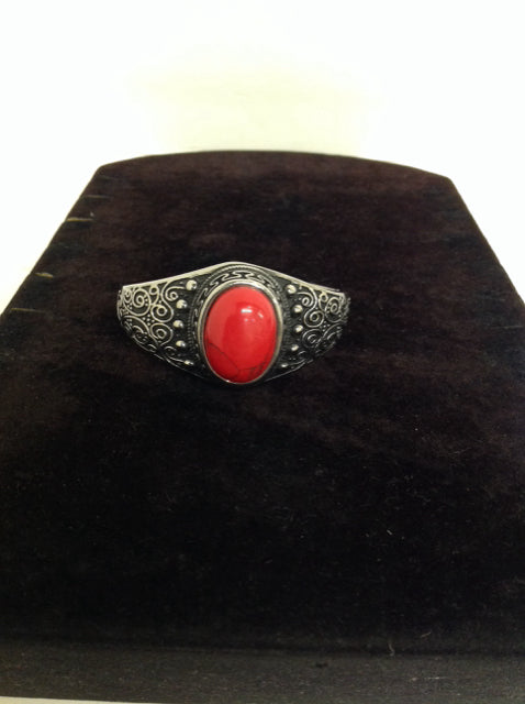 Silver Metal Cuff Bracelet w/Red Stone