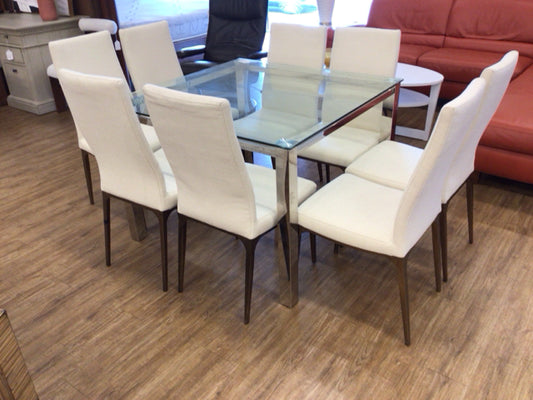 Set Of 8 Cream Fabric Brass Leg Dining Chairs
