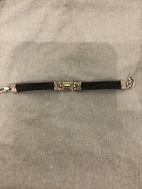 Mens Black Leather Like Mixed Metal Bracelet