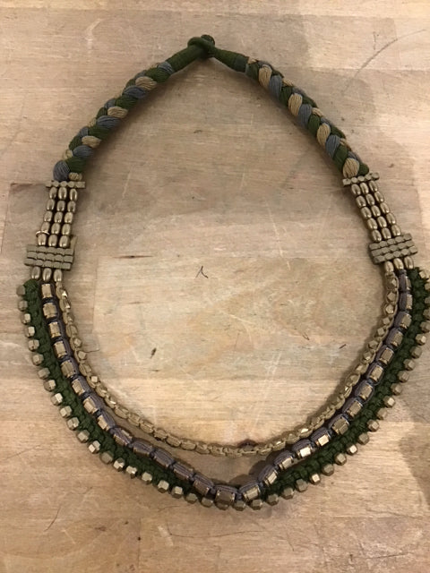 Vintage Braided Rope & Gold Beaded Necklace
