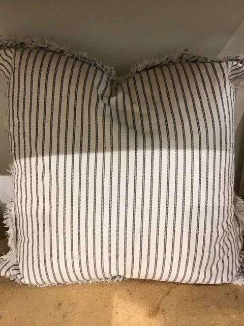 27" White Gray Stiped Fringe Pillow