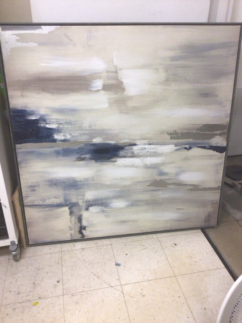 49" Square Grey Framed Blue/Cream/White Abstract Print On Canvas