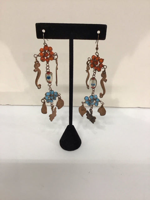 Orange Coral Turquoise/Copper Dangle Earrings