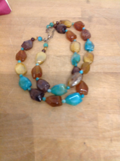 Necklace- Aqua & Brown Beaded Stones