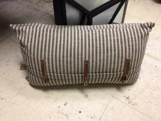 Beige Stripe Pattern Lumbar Pillow W/Leather Accents