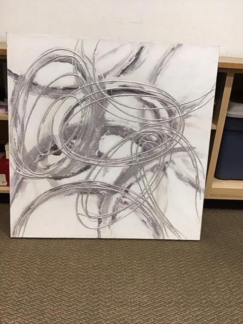 39.5" Sq Silver/White Abstract on Canvas