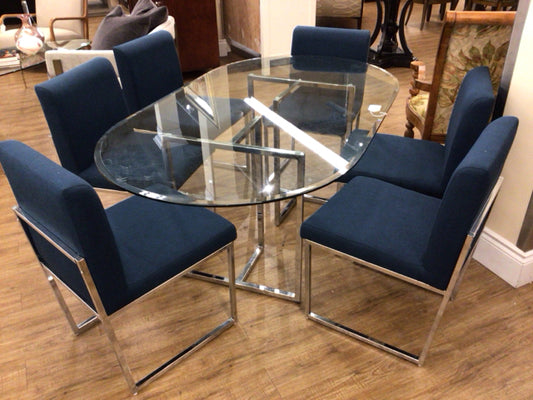 7 PC. 72"x42" Oval Glass Chrome Base Table W/Blue Chair