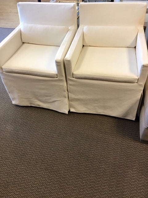 Pair Of RH Low Belgian Slipcovered Track Arm Dining Side Chair