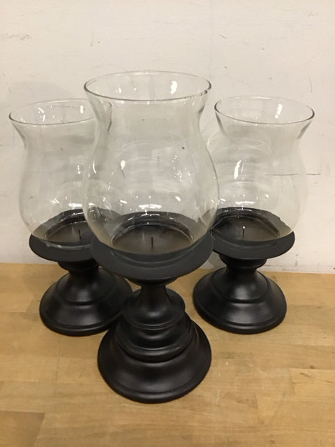 Set Of 3 Black Candle Holder W/Glass Covers