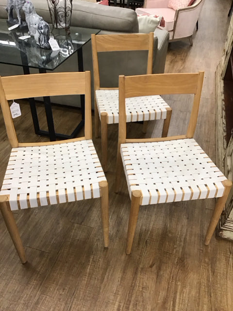 Set/3 White Woven Leather Dining Chairs w/Wood Legs
