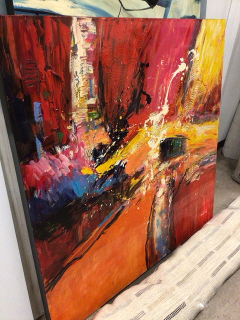 50" Square Red/Yellow/Orange Abstract Oil Painting On Canvas