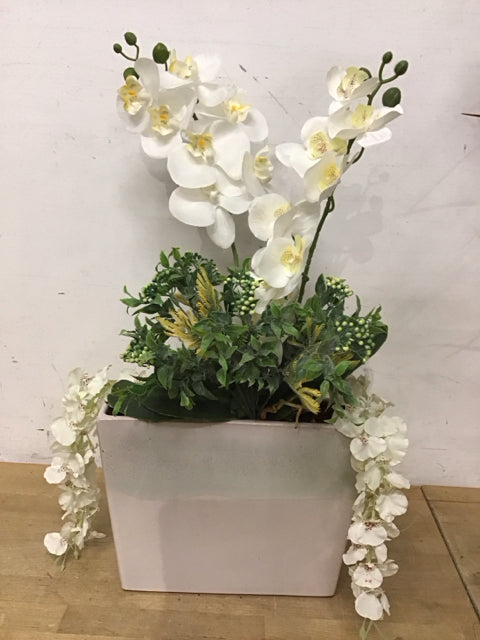 26" Faux White Orchids In Seafoam/White Ceramic Vase