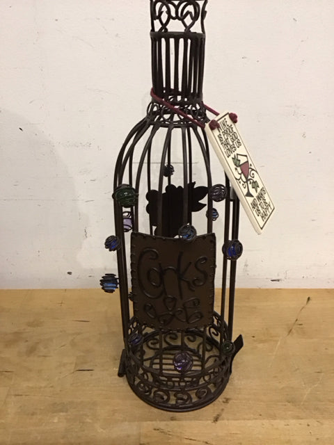 14" Black Metal Wine Bottle Sculture For Corks
