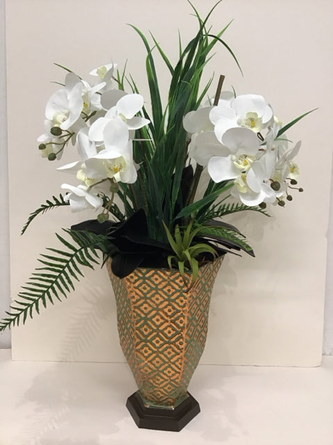 Faux White Orchids w/Green Bronze Color Vase