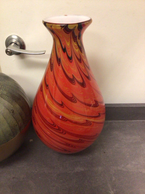 15 1/8" Signed Red/Black/Yellow Art Glass Vase