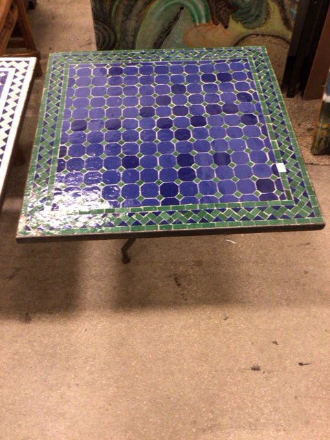 AS-IS 29 1/2" Square Green & Blue Tile Top Metal Base End Table(Metal Flaking)