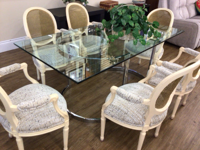 Rectangle Chrome Pedestal Glass Top Dining Table