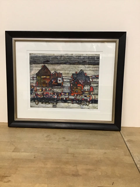 23x19 Framed "Houses with Colorful Laundry" Egon Schiele