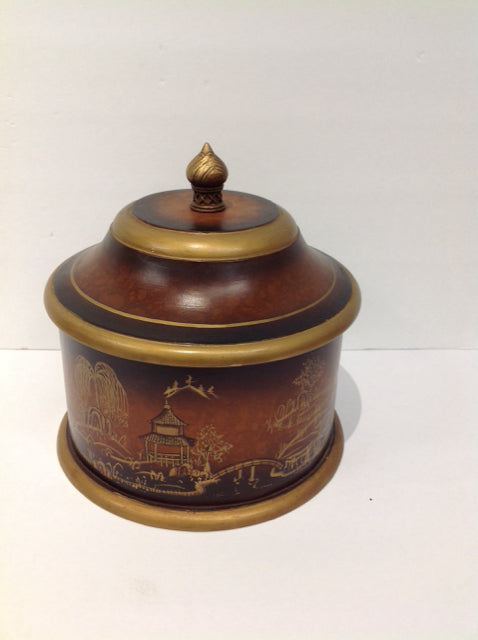 10" Round Wood Box w/Painted Oriental Scene