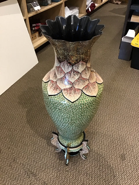 32" Metal Crackle Floral Design Vase w/Stand