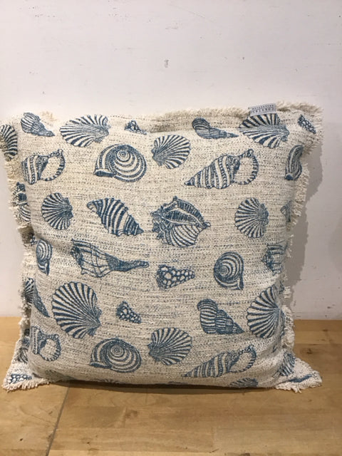 20" Ivory/Blue Seashell Burlap Weave Pillow