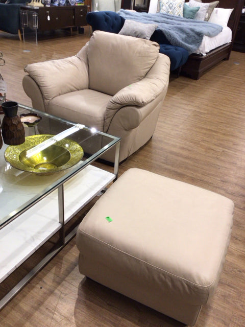 Beige Leather Chair & Ottoman
