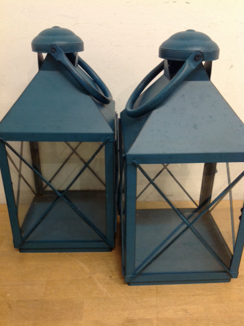 20" Set Of 2 Blue & Glass Lanterns