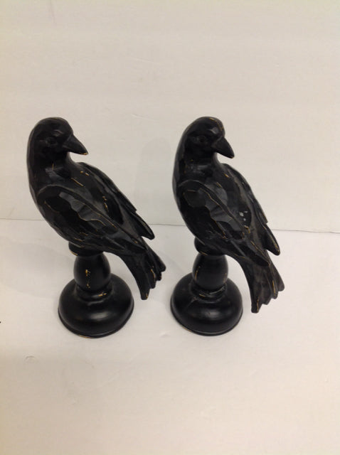 Pair 8" Carved Black Birds w/Pedestals