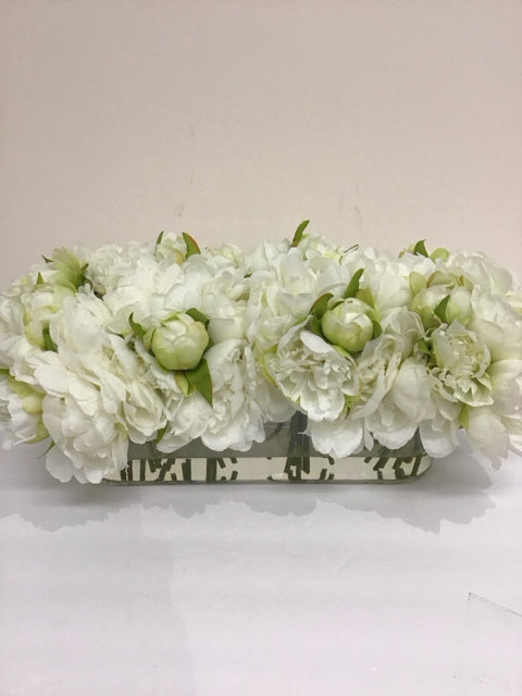 15" White Peonies in Glass Vase