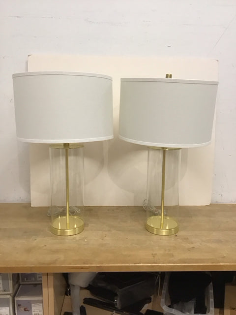 27" Pair Hookerton Glass Column Lamps w/Shades