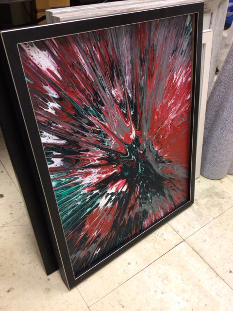 17 1/8" X 21 1/8" Black Framed Red & Green Abstract Print On Canvas