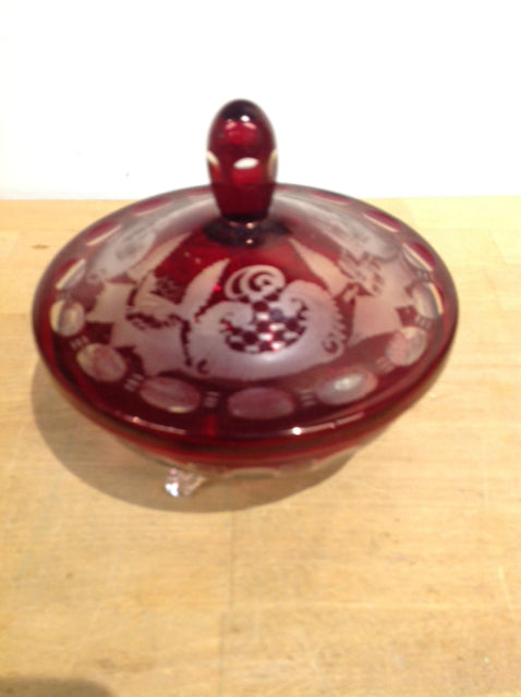 6" Red Cut To Clear Glass Bowl W Lid