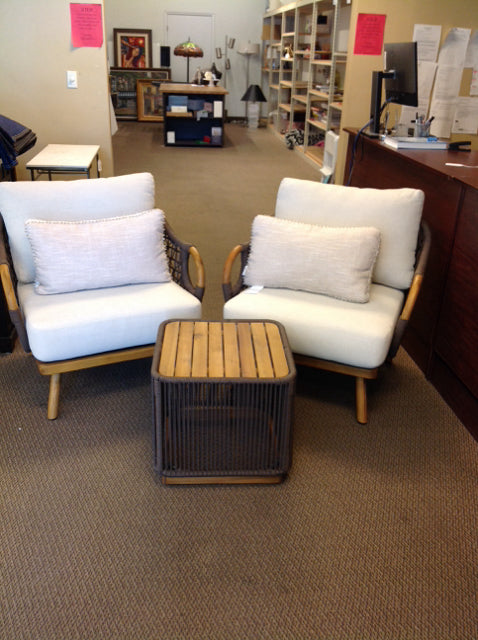 Set/2 Teak Rope Back Chairs w/Table & Lumbar Pillows