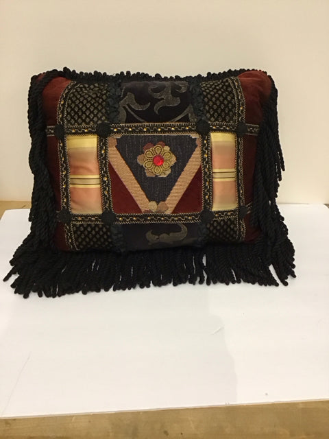 Black/Red Gold Velvet Tapestry Pillow w/Fringes
