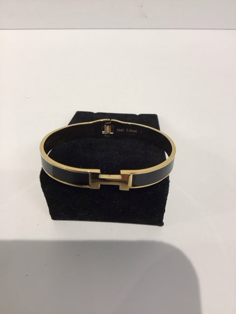 Black Cuff Hermes Style Gold Bracelet