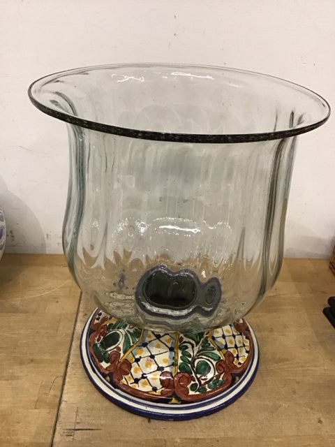 13" Glass Hurricane W/Ceramic Painted Base