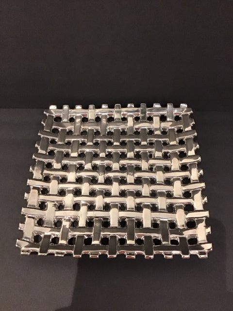 12"Sq Silver Coated Metal Tray Woven Design