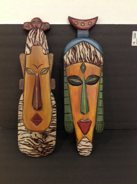 23" Pair Man/Woman Carved Wood Hanging Faces