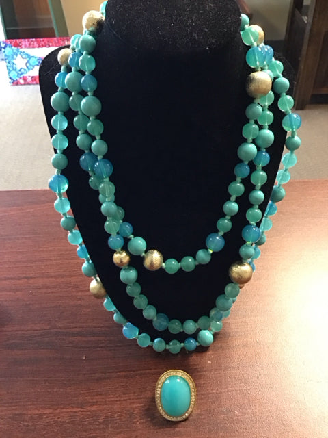 Turquoise Colored & Gold Beaded Necklace & Ring Set