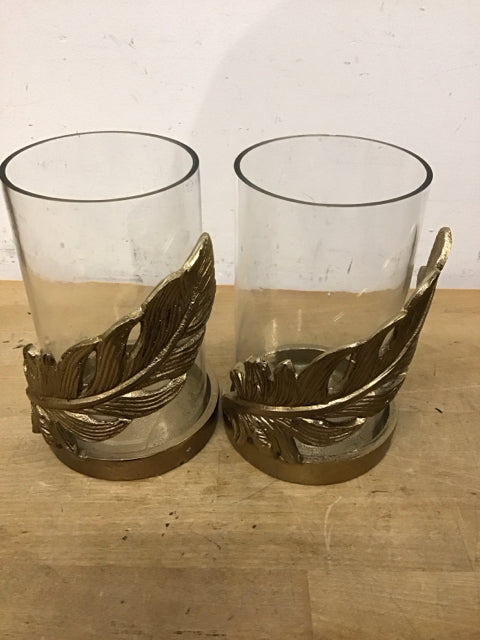 Pair Of Gold Metal Leaf Base & Clear Glass Hurricanes Candle Holder