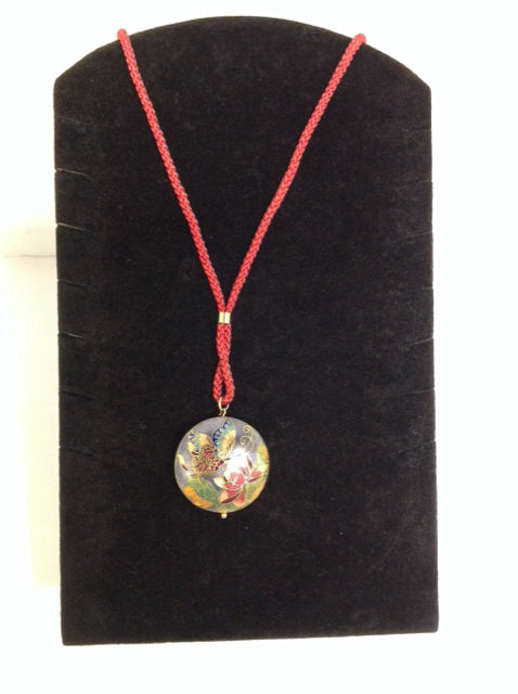 Red Rope Necklace w/Butterfly Cloisonne Pendant