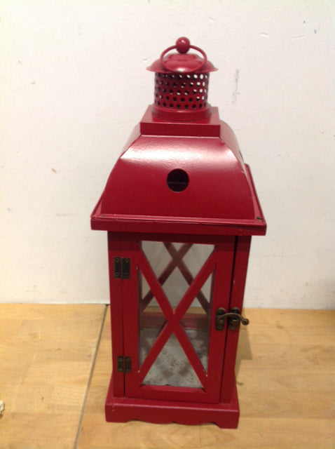 16" Red Wood & Glass Lantern