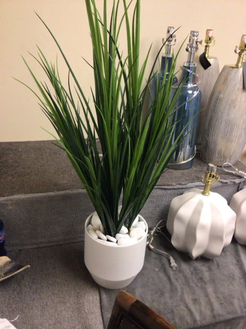 38" Faux Grass In White Metal Planter W/Rocks